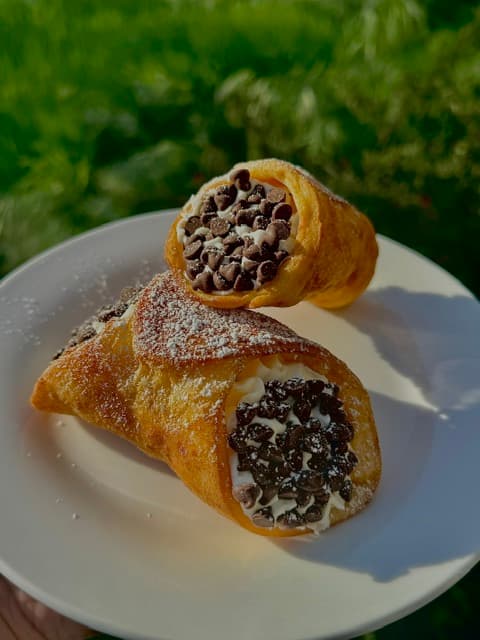 Two cannoli filled with chocolate chip cream and dusted with powdered sugar