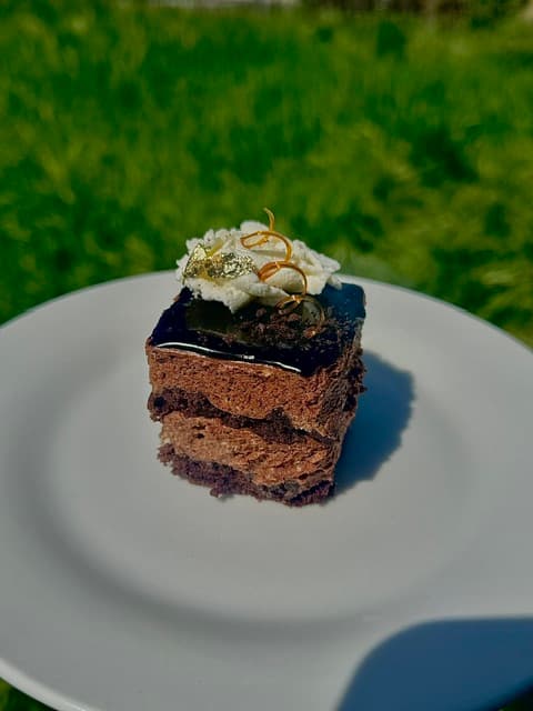 Slice of layered chocolate mousse cake topped with cream and chocolate garnish