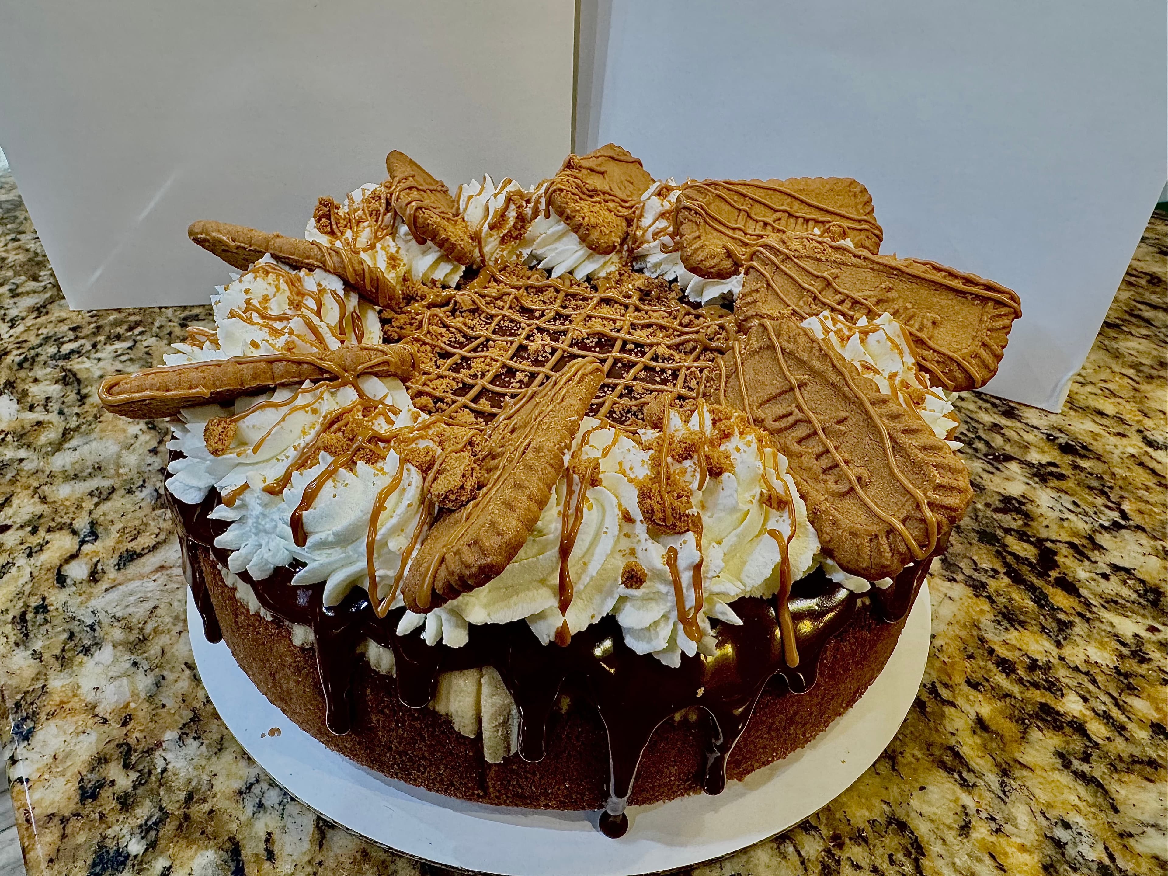 Cookie butter cheesecake topped with whipped cream, cookie pieces, and caramel drizzle