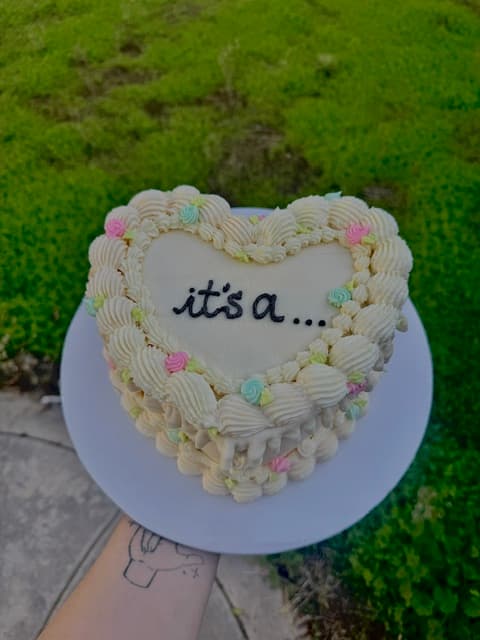Heart-shaped cake with pastel piping and a gender-reveal message