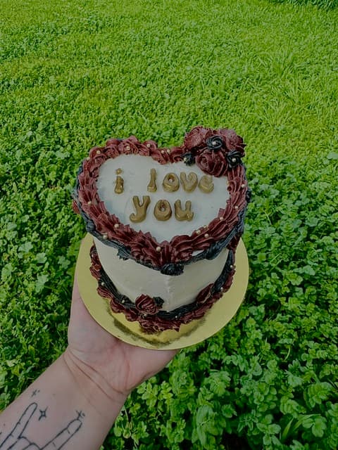 Heart-shaped cake with dark red piping and an I love you message
