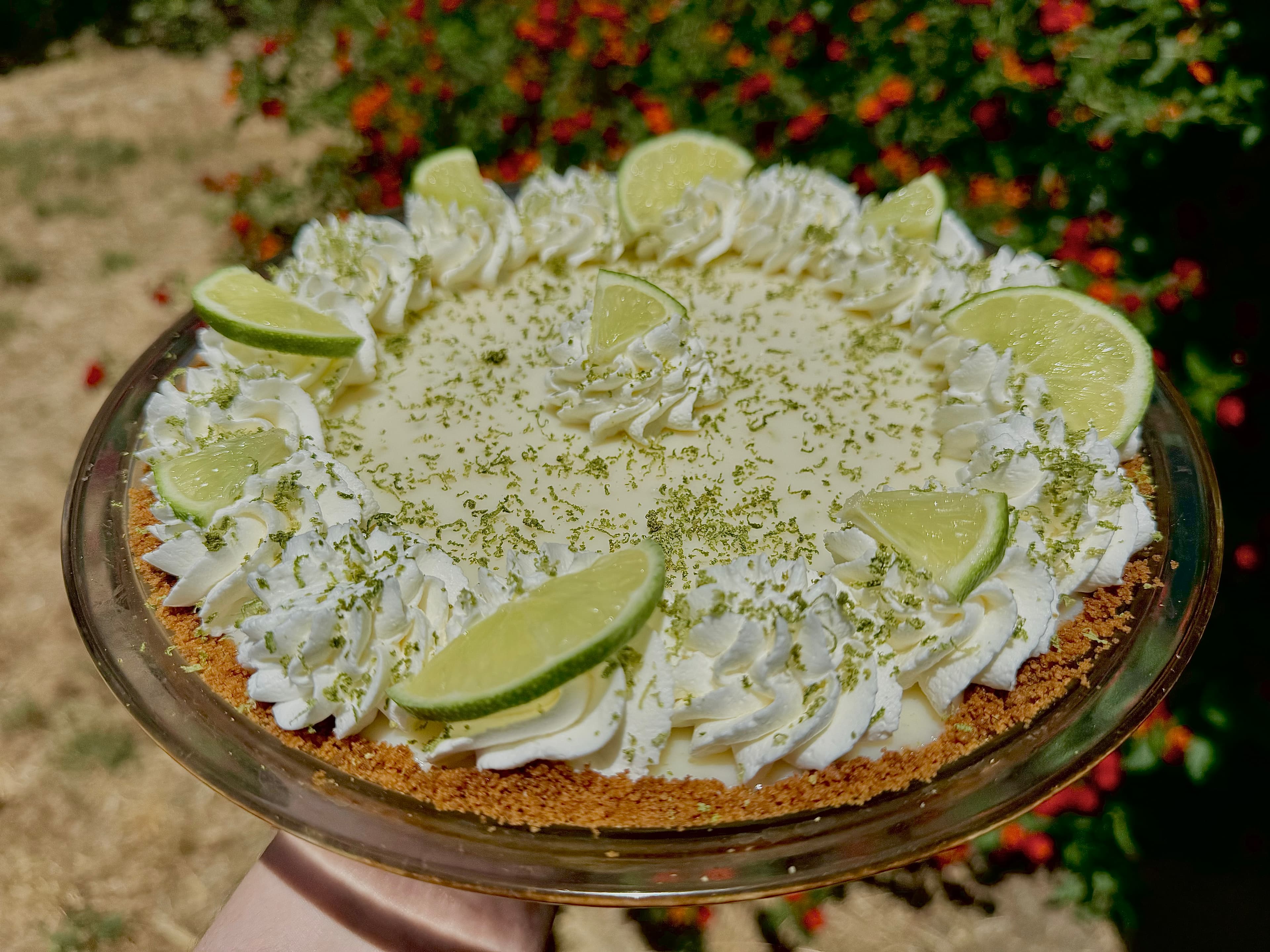 Key lime pie topped with piped cream, lime slices, and white chocolate shavings